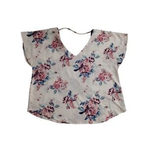 Wishful Park Womens XL Floral V-Neck Strappy Back Short Sleeve Blouse Cream Pink